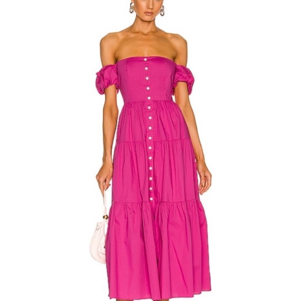 STAUD Pink Button Down Off the Shoulder Midi Dress
